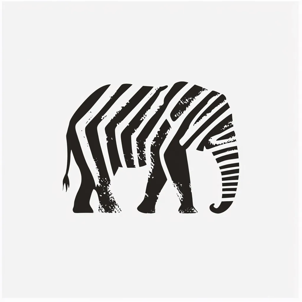 A stylized illustration of an elephant overlaid with a zebra-like striped pattern.  The image is monochromatic, using black and white to create a strong graphic effect. The elephant is depicted in profile, walking to the right, with a textured, almost stamped appearance. The design is bold and simple, suitable for various applications.