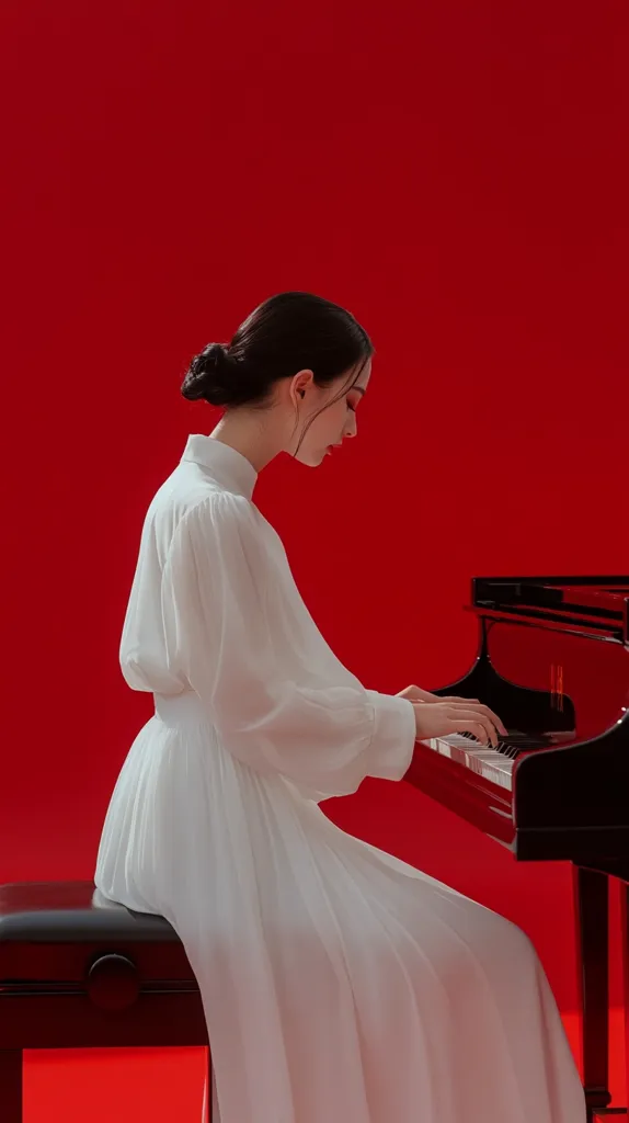 A woman in a flowing white dress sits at a black grand piano against a vibrant red backdrop.  Her dark hair is styled in a neat bun.  She plays the piano with a serene expression, creating a striking contrast between her light clothing and the bold background. The image evokes a sense of elegance and artistic contemplation.