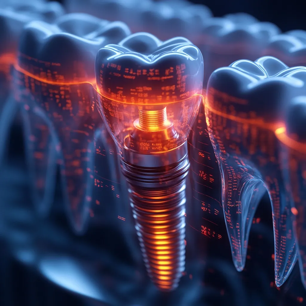 A detailed close-up reveals a dental implant, glowing with an orange hue, nestled within a translucent tooth.  Surrounding teeth are partially visible, also appearing translucent, with overlaid digital data. The image suggests advanced dental technology and precision, showcasing the implant's intricate design and seamless integration with the surrounding teeth.  The overall aesthetic is futuristic and high-tech.
