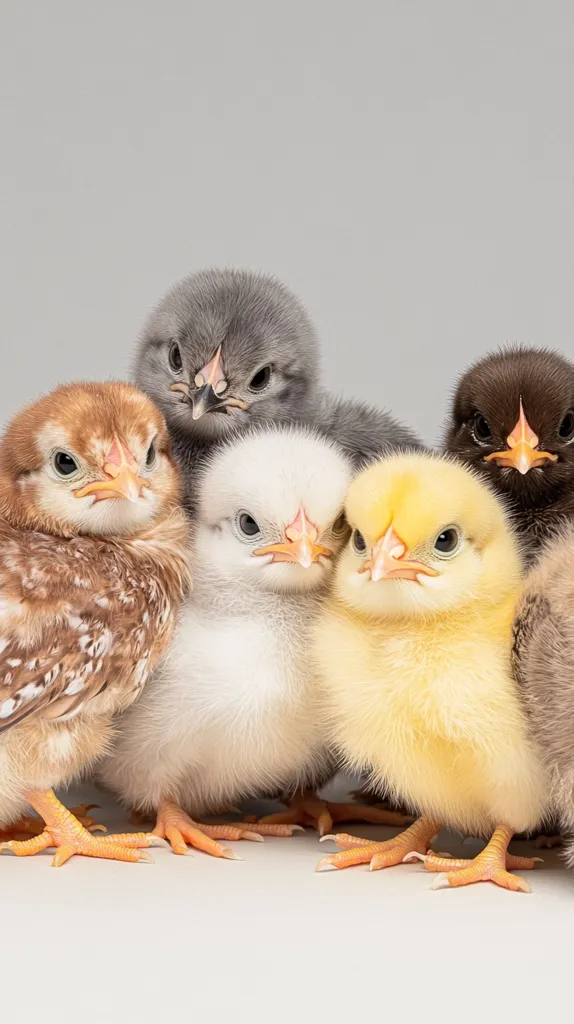 Five fluffy baby chicks huddle together against a light gray background.  The chicks display a variety of colors, including brown, gray, white, and yellow.  Their downy feathers are soft and their small beaks are prominent. The image is a close-up, showcasing the adorable details of the chicks.