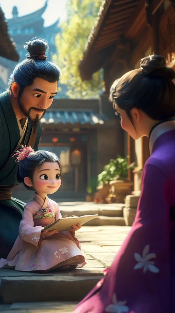 A father and mother lovingly gaze down at their young daughter.  She sits on steps in a traditional Asian setting, holding a book.  The family is dressed in elegant Hanfu-style clothing, the scene evoking a sense of warmth and familial connection within a beautiful, ancient-style village. The overall atmosphere is serene and peaceful.