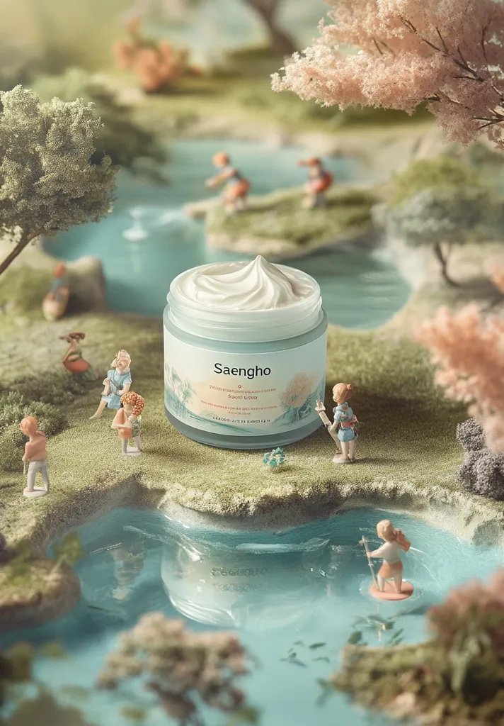 A jar of Saengho brand  "Forest Symphony" facial cream sits in a miniature idyllic landscape. Tiny figurines of children play by a stream in a whimsical setting of lush greenery and blossoming trees. The cream's light blue packaging and fluffy texture complement the serene, nature-inspired scene.  The overall image promotes a sense of calm and natural beauty.