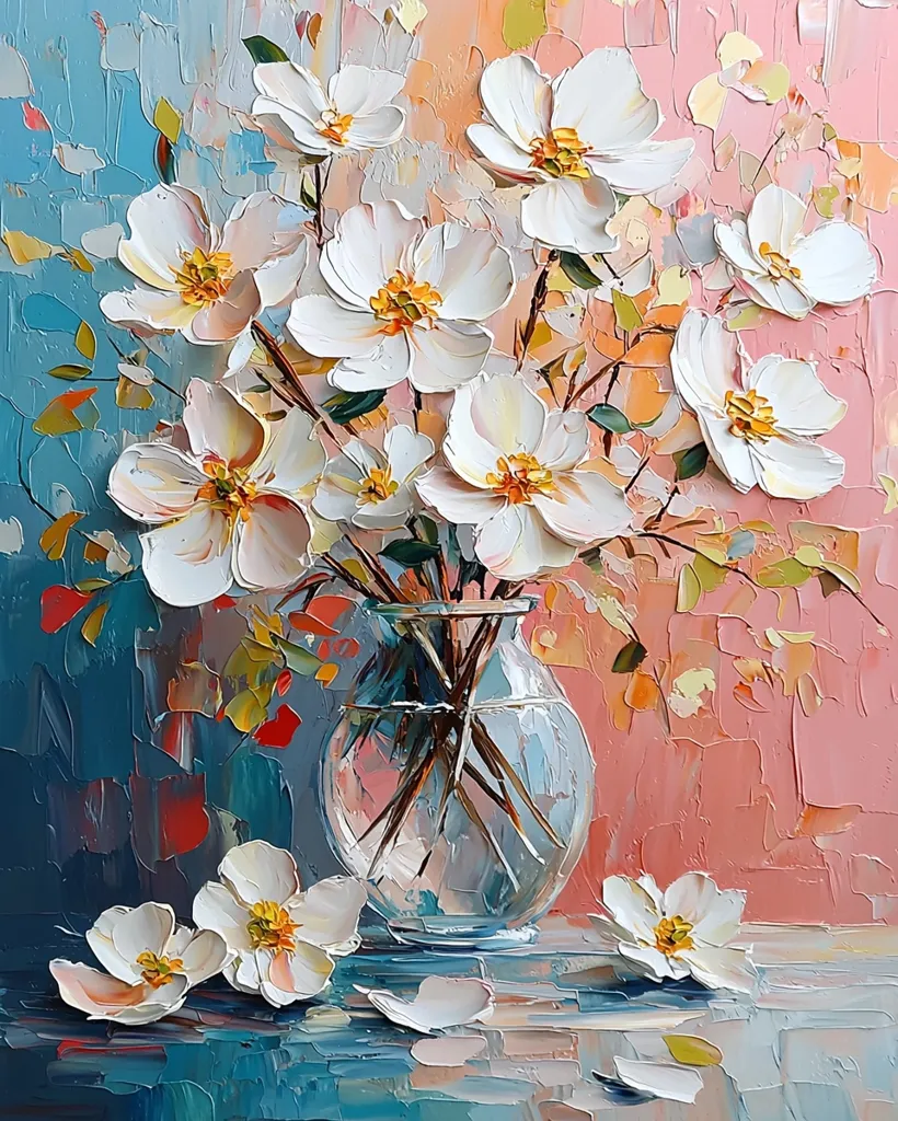 A vibrant oil painting showcases a bouquet of white flowers in a clear glass vase.  The flowers, rendered with impasto technique, are richly textured and detailed, exhibiting a creamy white with hints of yellow in their centers. The background features a textured blend of teal and peach hues, creating a dynamic contrast with the blossoms.  Fallen petals add a touch of realism to the still life composition.
