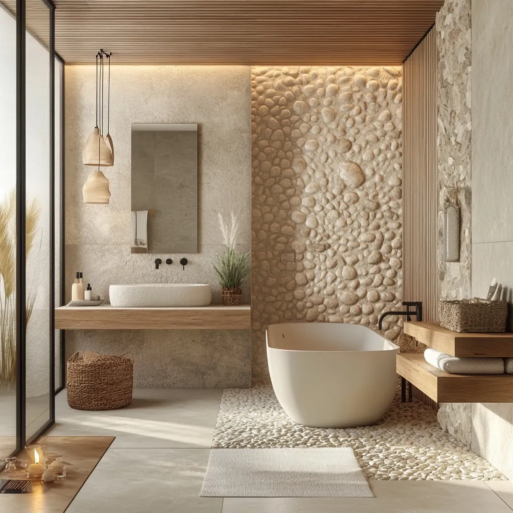 A serene bathroom features a pebble-accent wall, a freestanding tub, and a minimalist wooden vanity.  Natural light streams in, highlighting the neutral color palette and textured materials.  Woven baskets and pampas grass add organic touches, creating a spa-like atmosphere. The overall design is calming and sophisticated, emphasizing natural elements and simplicity.