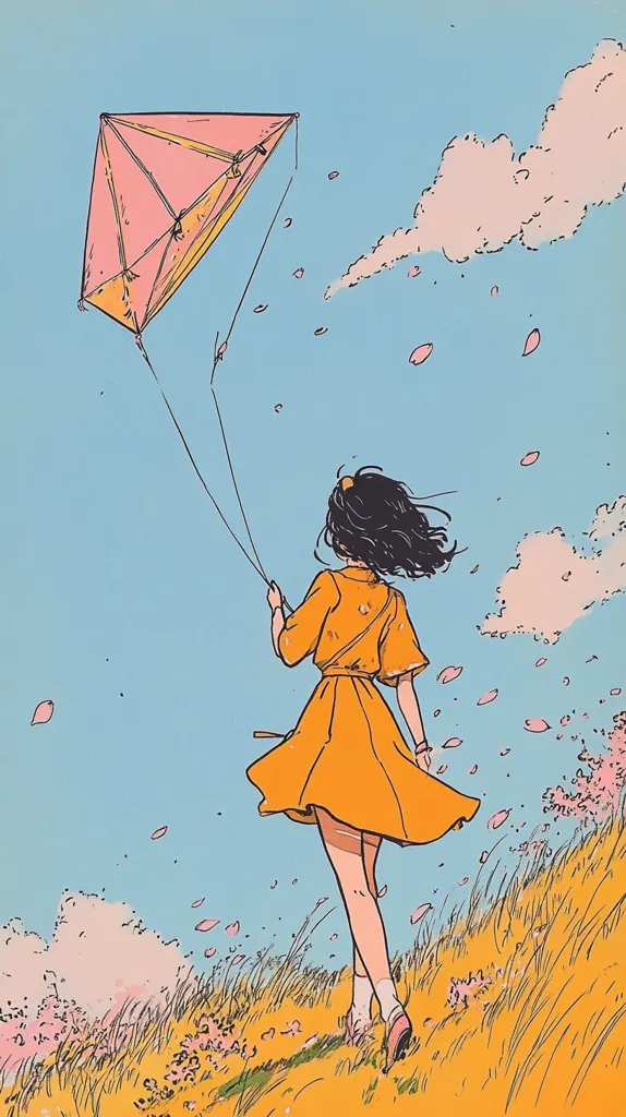 A girl in a yellow dress walks away from the viewer, holding the string of a pink diamond-shaped kite. Pink petals drift in the sky, a pastel blue canvas dotted with fluffy clouds. The scene is idyllic, with tall yellow grass at her feet, suggesting a field in springtime. The overall style is reminiscent of Japanese animation, conveying a sense of carefree joy and freedom.