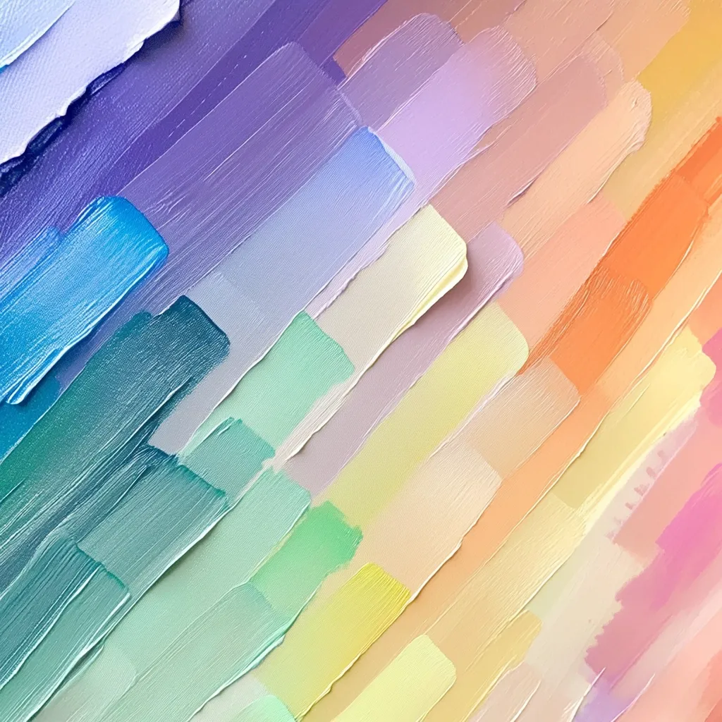 An abstract painting showcases a vibrant spectrum of pastel colors.  Thick, impasto brushstrokes are layered diagonally, creating a textured effect.  The colors transition smoothly from cool blues and greens to warm yellows, oranges, and pinks, forming a visually appealing gradient. The overall composition is dynamic and harmonious.