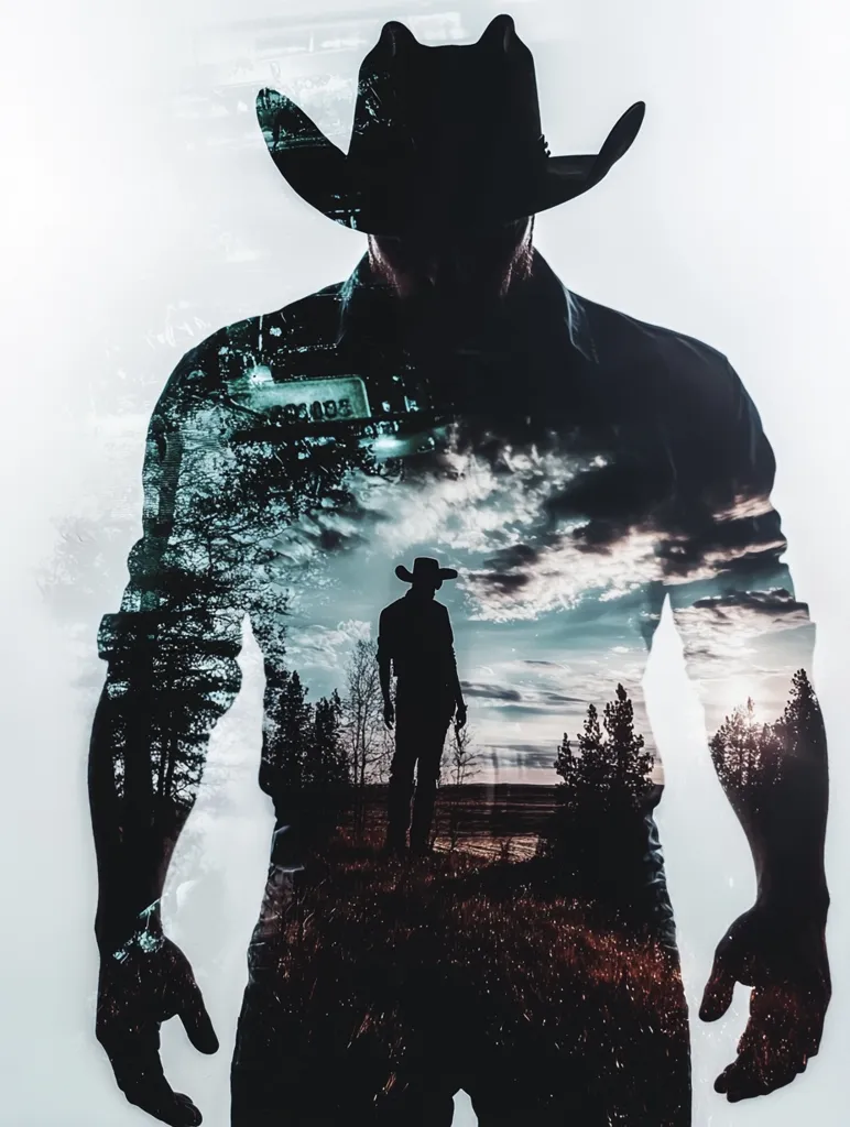 A double exposure image features a silhouetted cowboy in a wide-brimmed hat.  His muscular physique is overlaid with a landscape of trees, a cloudy sunset, and another, smaller, silhouetted cowboy figure walking in a distant field.  The effect creates a blend of rugged masculinity and the vastness of the American West.  The overall mood is one of solitary strength and contemplation.
