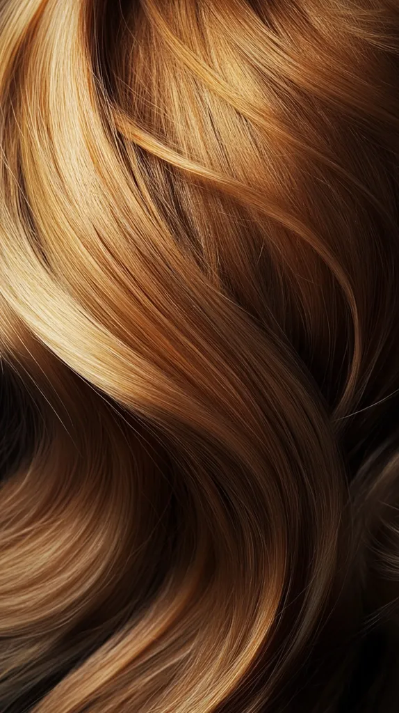 A close-up shot reveals a cascade of lustrous, light brown hair.  The strands are smooth and glossy, exhibiting a subtle wave pattern.  The image focuses on the texture and shine of the hair, highlighting its healthy and vibrant appearance.  The color is a warm, honey-blonde, with darker lowlights adding depth.
