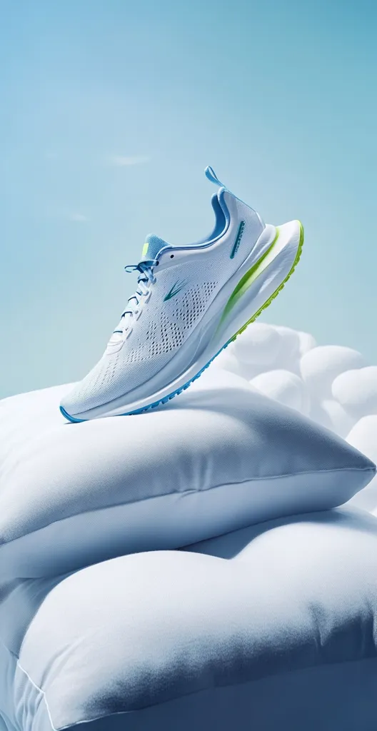 A light blue and white Brooks running shoe is delicately perched on a stack of fluffy white pillows against a serene blue sky backdrop.  The shoe's design is modern and airy, showcasing its lightweight and comfortable construction. The image conveys a feeling of comfort, relaxation, and the lightness of the shoe.