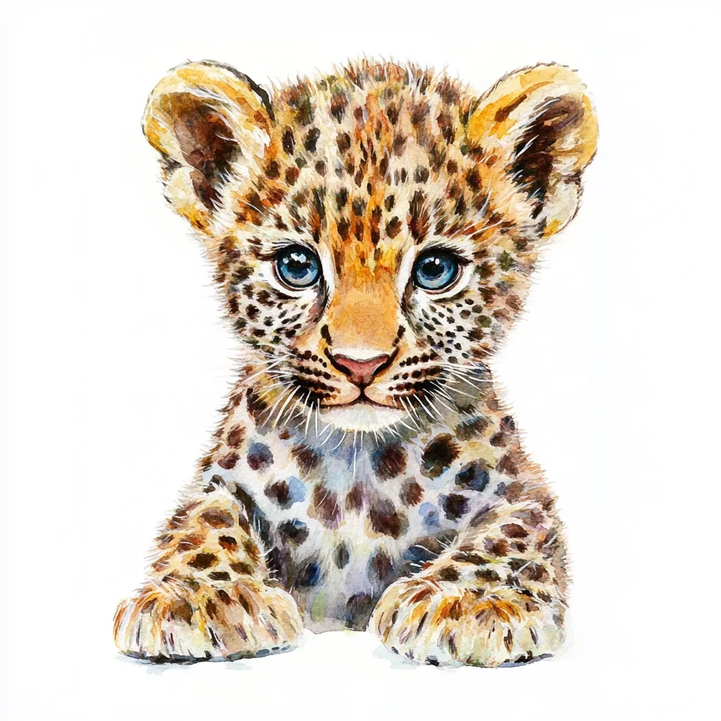 A watercolor painting depicts an adorable leopard cub.  Its large, expressive blue eyes and tiny paws are captivating.  The cub's coat is beautifully rendered, showcasing the intricate pattern of spots in warm browns and tans.  The artwork is set against a clean white background, emphasizing the cub's features. The painting style is delicate yet detailed.