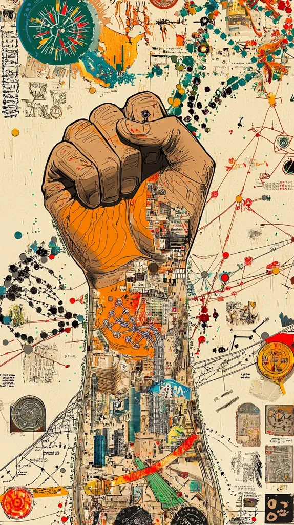 A vibrant collage depicts a raised fist, its surface intricately detailed with a cityscape.  The fist is rendered in warm tones, contrasting with a background of diverse textures, maps, and abstract designs in cool and muted colors.  The overall effect is a powerful visual statement blending urban imagery with symbolic representation of strength and unity, possibly referencing social or political themes.  The style is reminiscent of mixed media art, combining various artistic techniques and elements.