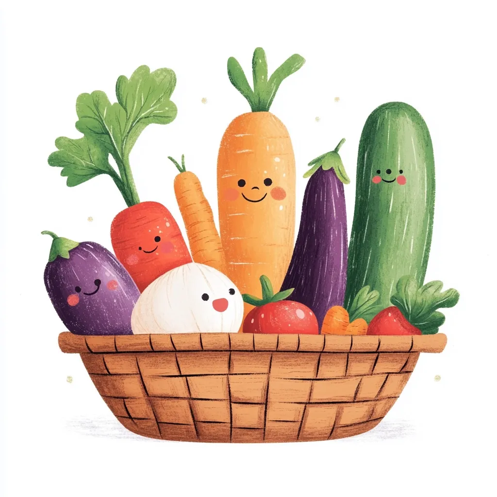 A charming illustration depicts a woven basket overflowing with cheerful, anthropomorphic vegetables.  Carrots, eggplants, a cucumber, and other assorted vegetables with smiling faces are nestled together. The vibrant colors and playful expressions create a delightful and wholesome scene, perfect for children's books or promoting healthy eating.