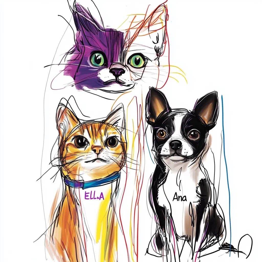 A stylized illustration features three pets: a purple and white cat at the top, an orange tabby cat in the middle left, and a Boston Terrier dog on the lower right.  The animals are depicted with expressive eyes and are surrounded by colorful, loose lines suggesting movement and energy. The cats are named Ella and Ana is written beneath the dog.  The overall style is vibrant and playful.