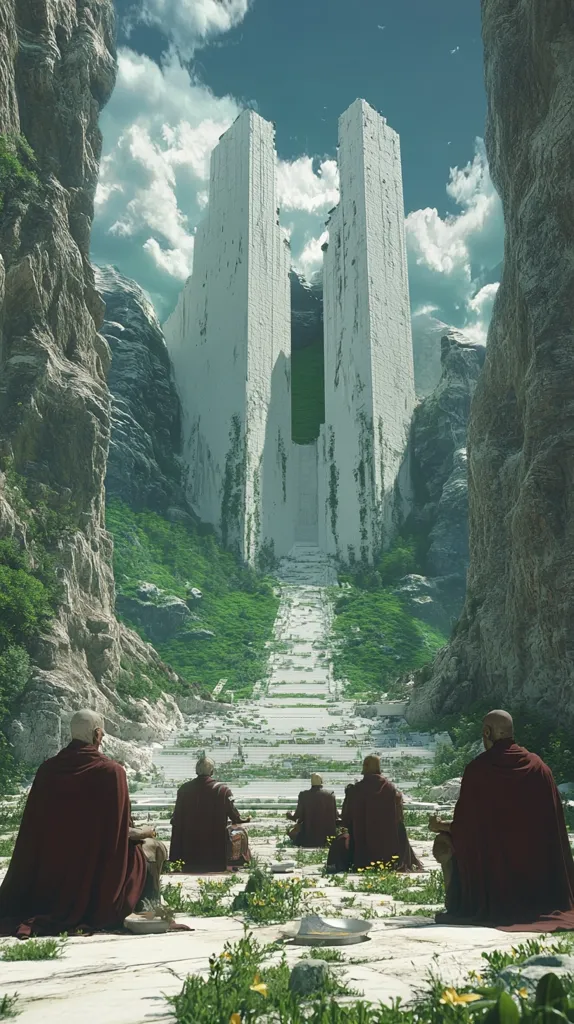 A serene digital painting depicts a tranquil scene.  Five figures in maroon robes meditate before a monumental, weathered white structure nestled in a verdant valley between towering rock faces.  A long, ascending pathway leads to the structure, suggesting a journey or pilgrimage.  The overall atmosphere is one of peace and spiritual contemplation against a backdrop of impressive natural beauty.