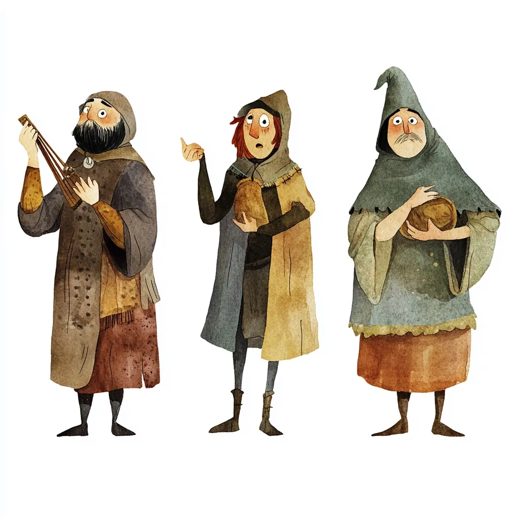 An illustration depicts three medieval-style figures against a white background.  A bearded man plays a lute, a woman with red hair holds a round object, and a hooded figure clutches a loaf of bread.  They are dressed in worn, earthy-toned cloaks and robes, suggesting a humble or impoverished status. The watercolor-like style gives a whimsical and slightly rustic feel.