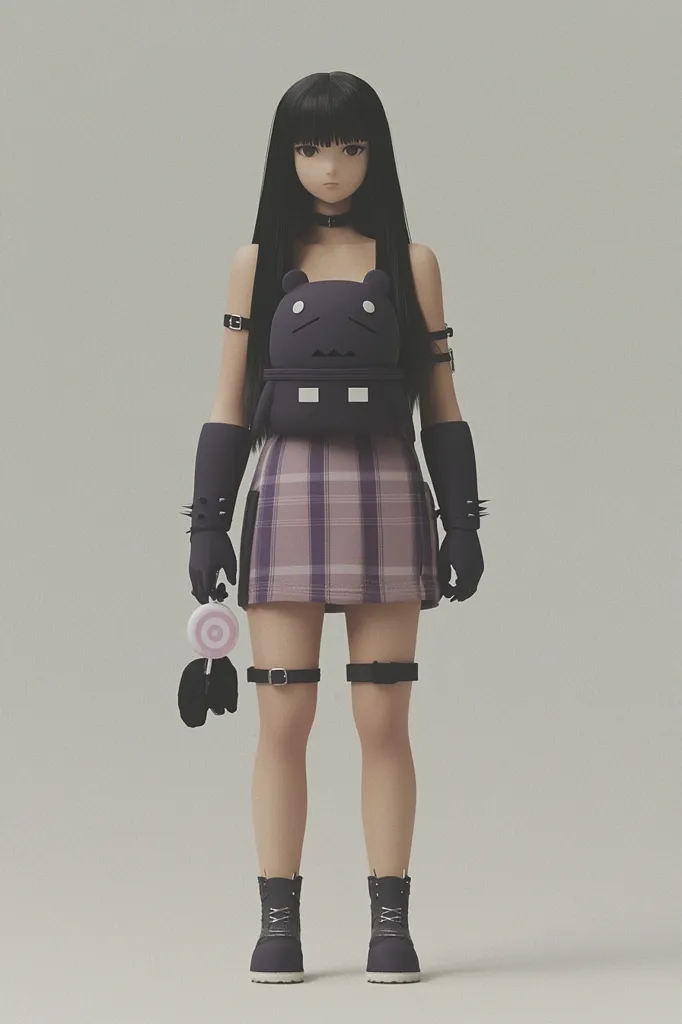 A stylized female figure, possibly a digital rendering or doll, stands against a neutral background.  She has long black hair, wears a purple plaid skirt and dark boots.  Her accessories include fingerless gloves, leg straps, and a unique dark-colored backpack shaped like a cartoon creature.  A small, circular object hangs from her left hand. The overall aesthetic is dark and slightly gothic.