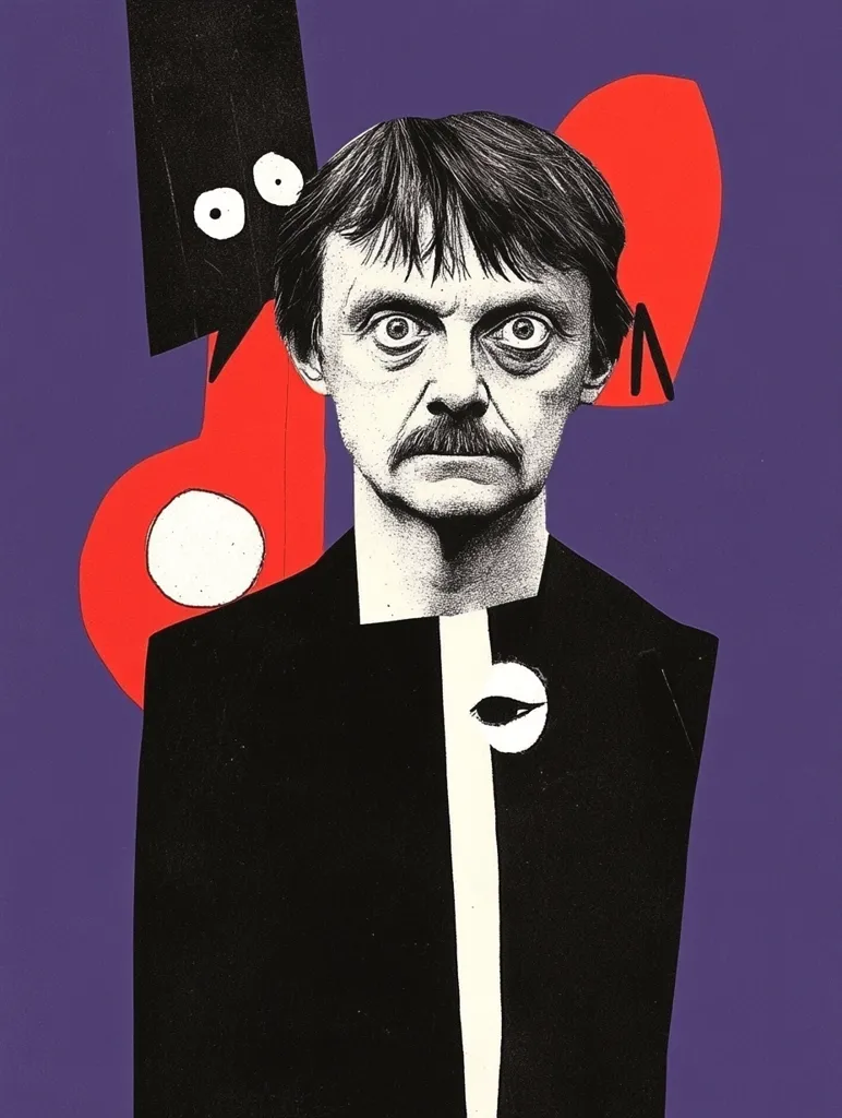A stylized portrait of a man with intense eyes and a mustache, set against a bold geometric background of black, red, white, and purple.  The man's expression is serious, almost somber.  Abstract shapes and eye motifs surround him, adding to the graphic and slightly surreal quality of the artwork. The style is reminiscent of printmaking or screen printing techniques.