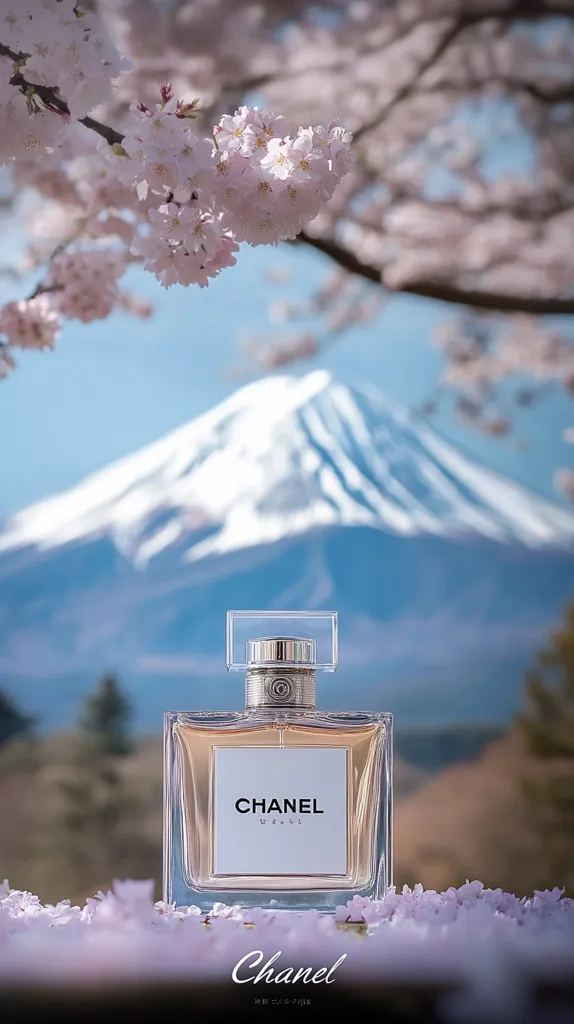 A bottle of Chanel perfume sits on a bed of pink cherry blossoms.  Mount Fuji, snow-capped and majestic, forms a stunning backdrop.  The serene scene evokes a sense of calm and luxury, contrasting the delicate blossoms with the iconic Chanel bottle. The image is beautifully composed, highlighting the perfume against the natural beauty of Japan's iconic landscape.