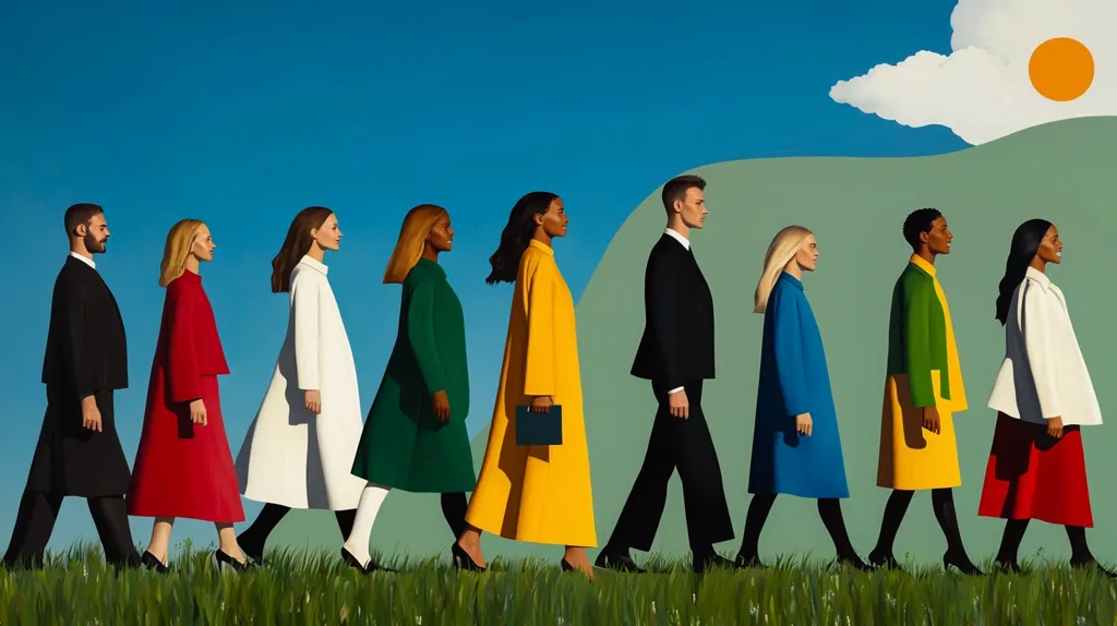 A stylized illustration depicts eight figures, four women and four men, walking in a single-file line across a grassy field under a bright blue sky. Each person wears a solid-colored, long coat, creating a vibrant spectrum of color. The setting is minimalist, with a single cloud and sun adding to the bright, idyllic scene.  The overall style is graphic and bold.