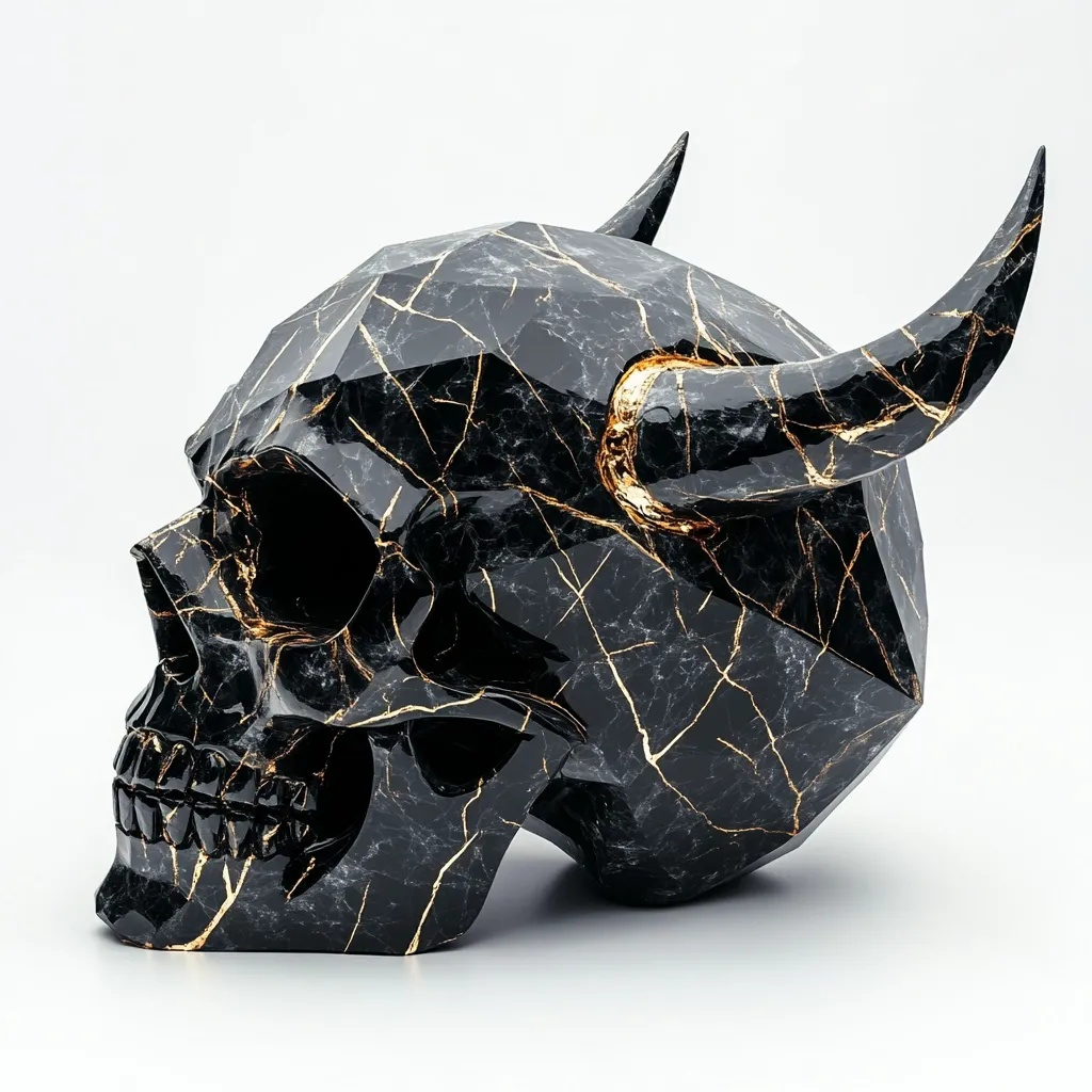 A striking, stylized skull sculpture is presented, crafted from black marble with gold veining.  The skull features prominent horns, also marbled in black and gold, adding a dramatic and slightly demonic aesthetic.  The geometric facets of the skull's design highlight the luxurious material, creating a visually captivating piece. The skull rests on a plain white background, emphasizing its intricate details.