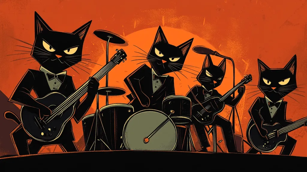 A retro-styled illustration depicts a four-piece band of sleek black cats in tuxedos.  Two cats play electric guitars, one drums, and another plays bass guitar. They perform against a vibrant orange background, evoking a vintage jazz club atmosphere.  The cats have intense expressions, adding to the image's cool and slightly mischievous vibe.  The style is reminiscent of classic cartoon and poster art.