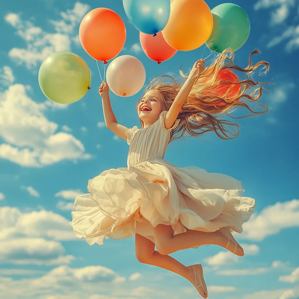 A joyful little girl with long flowing hair leaps through the air, clutching a bunch of colorful balloons.  Her light beige dress billows around her as she smiles radiantly against a bright blue sky dotted with fluffy white clouds. The scene evokes a feeling of carefree childhood happiness and boundless energy.