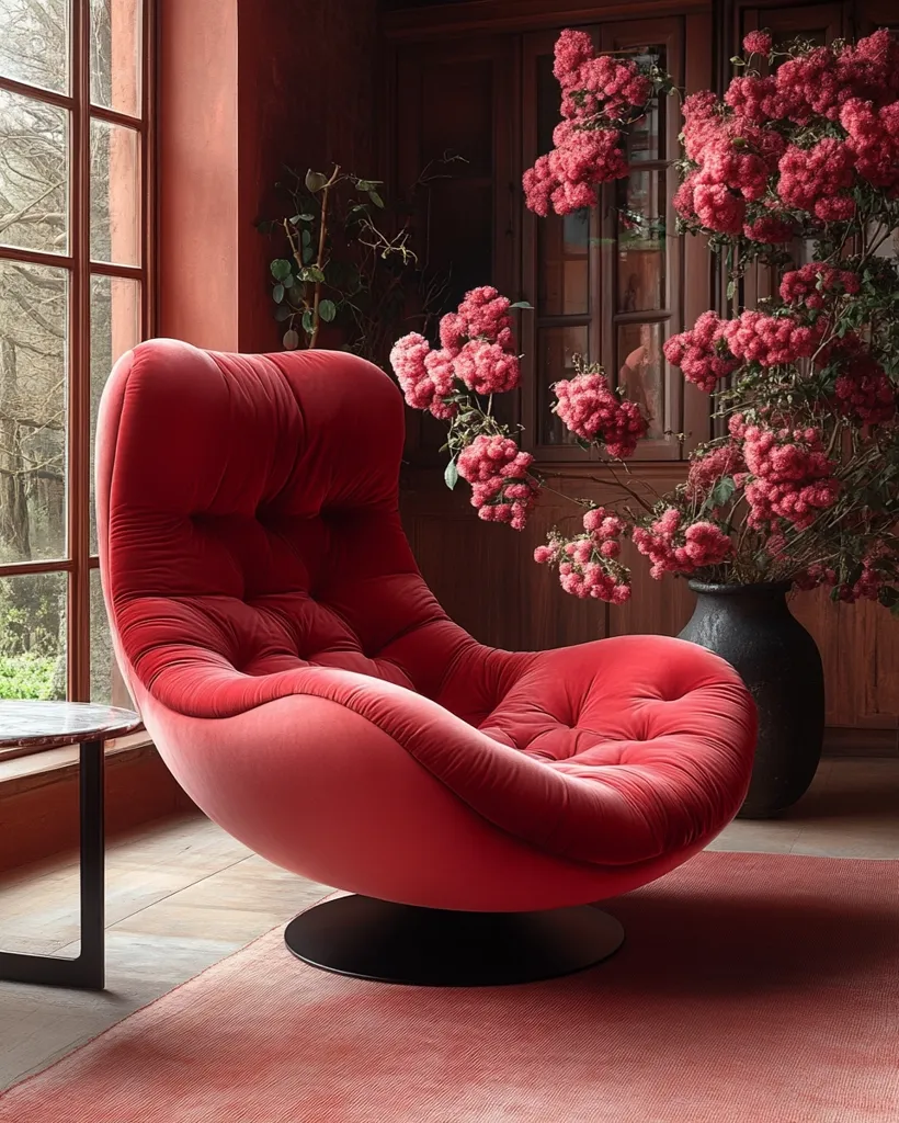 A vibrant red velvet swivel armchair takes center stage in a richly colored room.  Its deep button tufting and curvaceous design create a luxurious feel.  A large arrangement of pink flowers in a dark vase adds a pop of color against the deep red walls and wooden cabinetry.  The room is bathed in natural light from a large window, highlighting the armchair's plush texture.