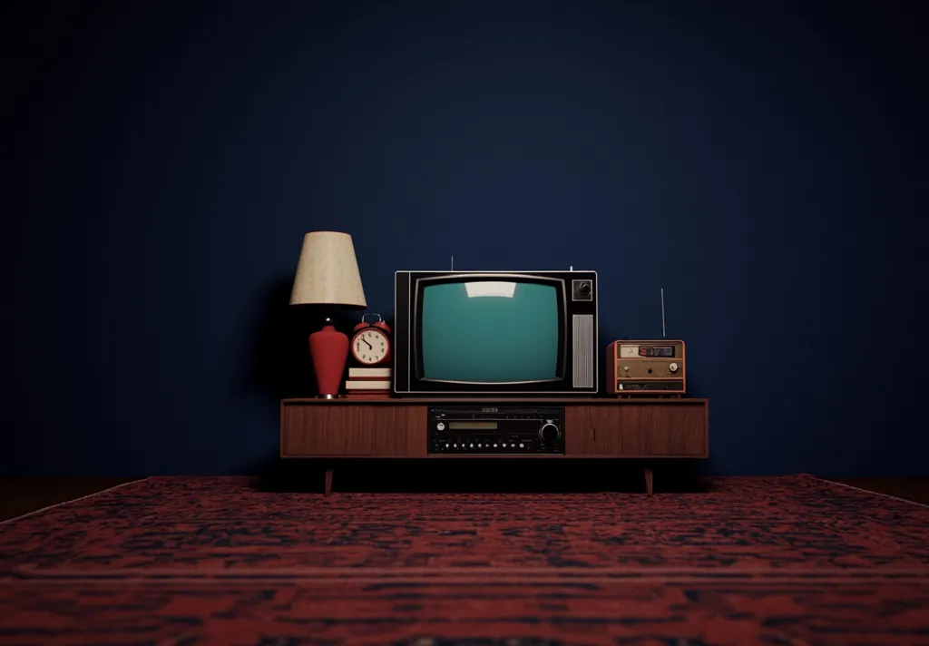 A vintage television sits on a mid-century modern console, flanked by a retro table lamp and a vintage radio. A red alarm clock and books rest beside the lamp. The scene is set against a dark blue wall and a dark red rug, creating a nostalgic and moody atmosphere. The overall aesthetic is reminiscent of 1970s home interiors.