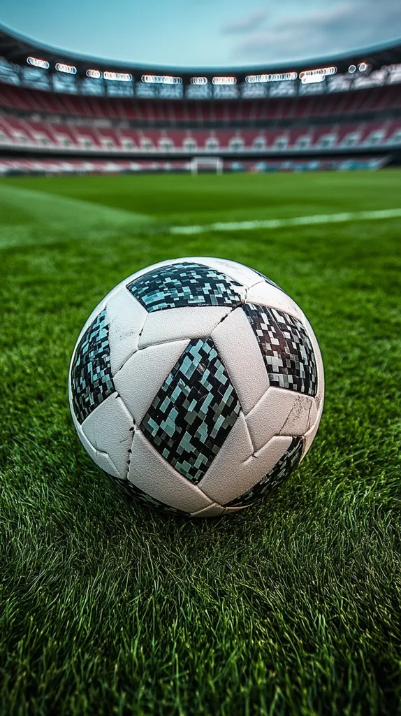 A soccer ball with a pixelated design rests on a lush green field.  The blurred background shows a large, modern stadium, suggesting a professional game setting.  The image evokes the thrill and anticipation of a football match, focusing on the ball as the central element. The scene is sharpest on the ball and progressively blurs towards the stadium.