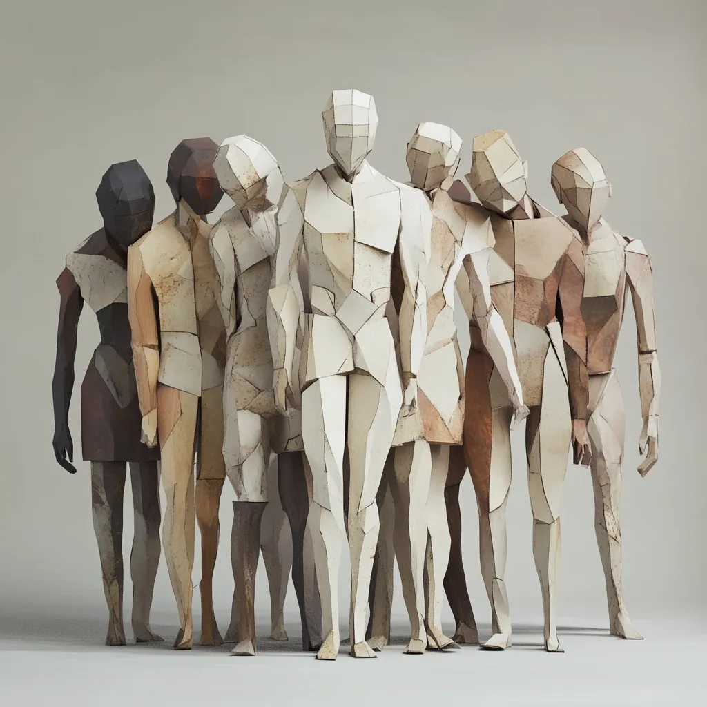 A group of stylized, polygonal human figures stand closely together.  Constructed from faceted, textured materials in muted beige and brown tones, the figures are rendered in a fragmented, almost cubist style. They appear to be interconnected, suggesting a collective or unified whole. The overall aesthetic is minimalist and modern, with a focus on form and texture.