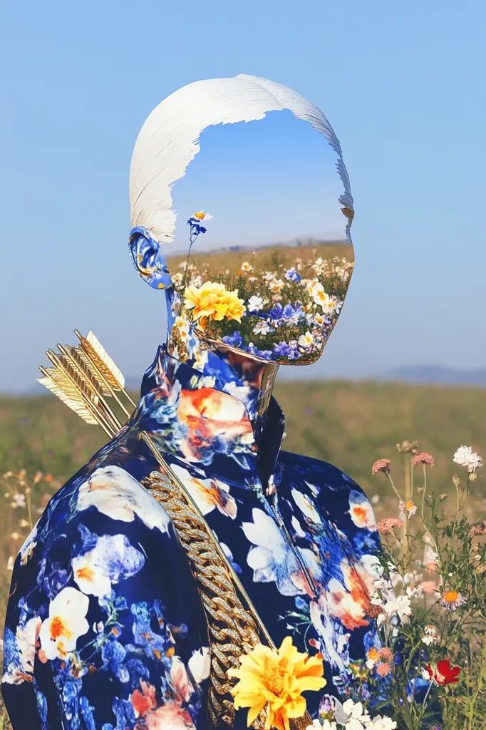 A surreal digital artwork depicts a figure with a face replaced by a vibrant field of wildflowers.  The figure wears a dark blue floral shirt and carries a golden arrow across its shoulder. The backdrop is a hazy, sun-drenched meadow. The juxtaposition of the metallic figure with the soft floral imagery creates a dreamlike and somewhat melancholic atmosphere.  The overall effect is one of ethereal beauty and hidden depths.