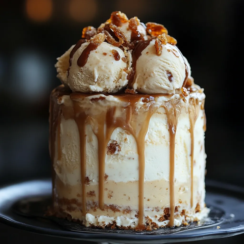 A decadent ice cream cake, layered with creamy vanilla ice cream and a buttery crumb base, is generously drizzled with caramel sauce.  Topped with scoops of ice cream and crunchy caramel bits, this dessert presents a visually stunning and delicious treat.  The rich caramel flows down the sides, creating a mouthwatering display.