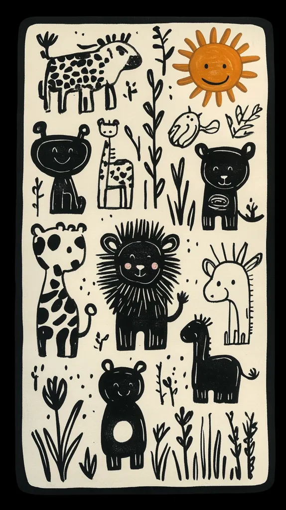 A cream-colored rectangular surface features a playful collection of black, childlike drawings of African animals.  A smiling sun sits above a diverse group including giraffes, zebras, lions, hippos, and other creatures, set against a background of simple plant life. The style is simplistic and bold, reminiscent of a child's drawing, with stark contrasts and clean lines.