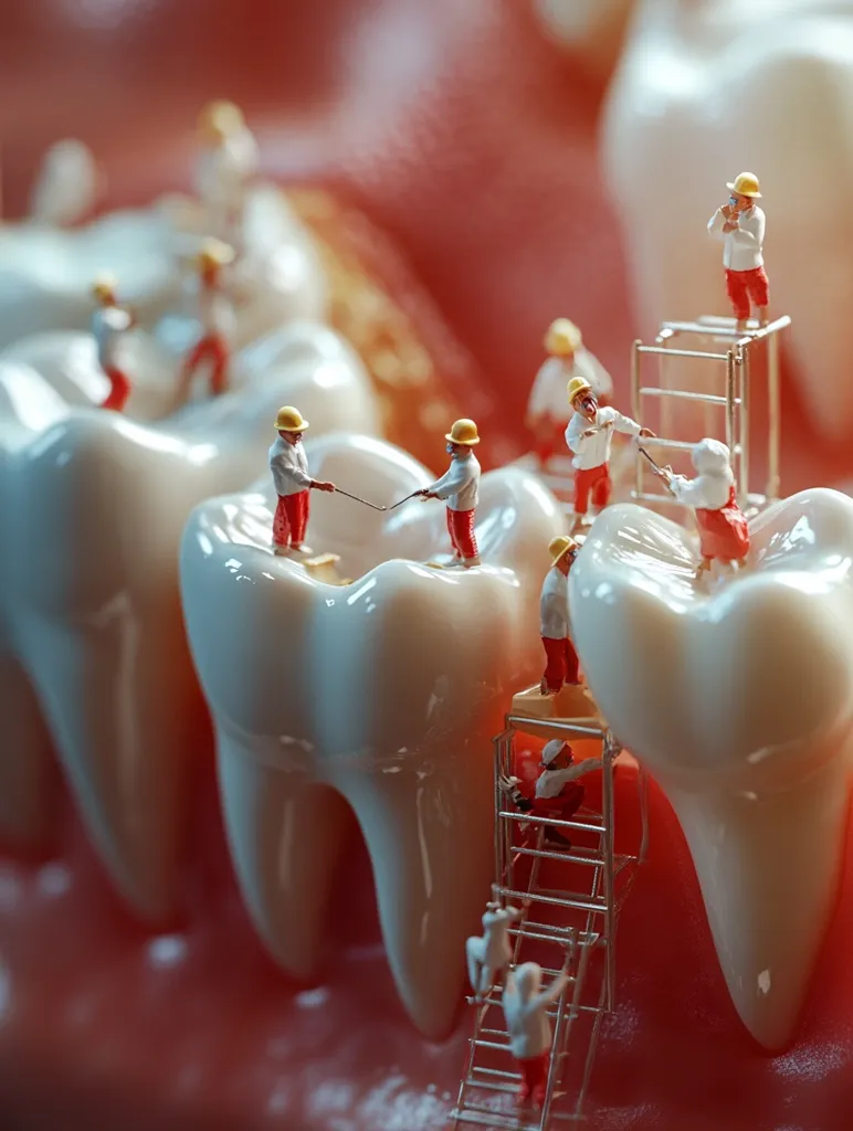 Miniature figures, resembling construction workers in hard hats and red overalls, are meticulously working on large teeth.  They use tiny tools and scaffolding, suggesting dental repair or maintenance. The scene is detailed, with a focus on the scale contrast between the workers and the teeth, set against a pink gum backdrop.  The image creates a whimsical and engaging visual metaphor.