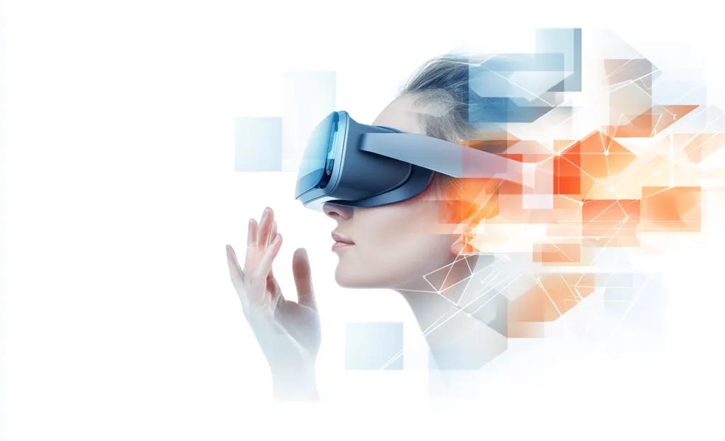 A woman wears a virtual reality headset, her hand outstretched as if interacting with a digital environment.  The background is an abstract overlay of geometric shapes and lines, suggesting a futuristic, technological landscape. The image evokes a sense of immersion and exploration within a virtual world.  The overall effect is one of technological advancement and human connection with digital space.