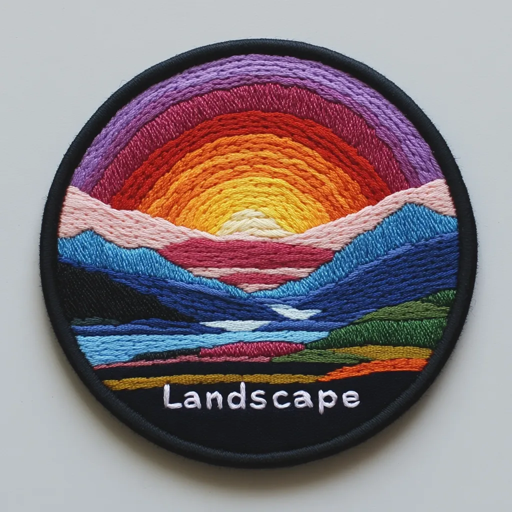 A circular embroidered patch depicts a vibrant landscape sunset.  The sun is rendered in concentric circles of warm oranges and yellows, while the mountains and water are portrayed in cool blues and greens.  The meticulously stitched details create a textured effect.  The word "Landscape" is embroidered in white lettering at the bottom. The patch is edged with black fabric.