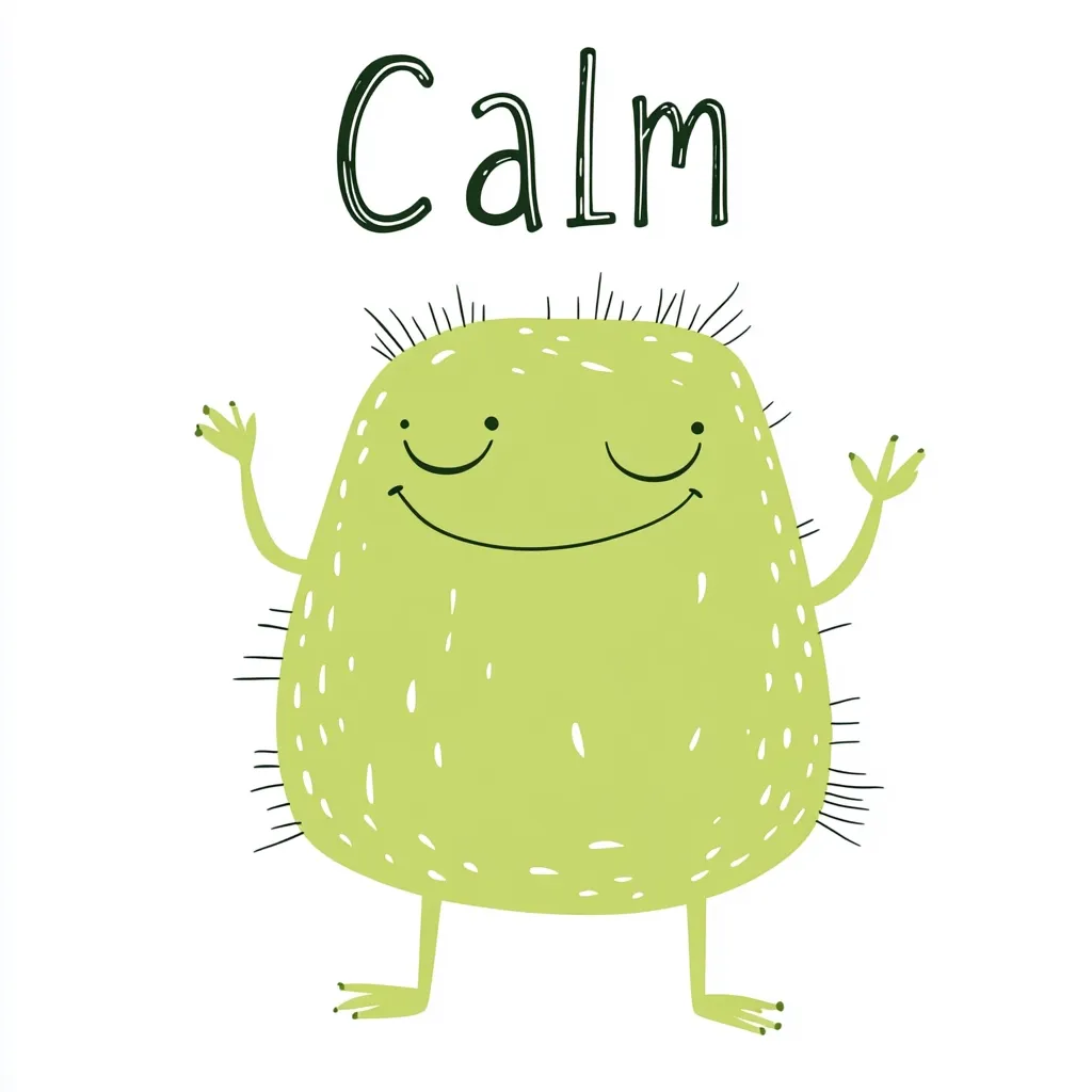 A light green, friendly monster with closed eyes and a wide smile is depicted.  The monster has short legs and arms, and small hairs sprout from its body.  Above it, the word "Calm" is written in a stylized font. The overall image is playful and suggests a feeling of peace and tranquility.