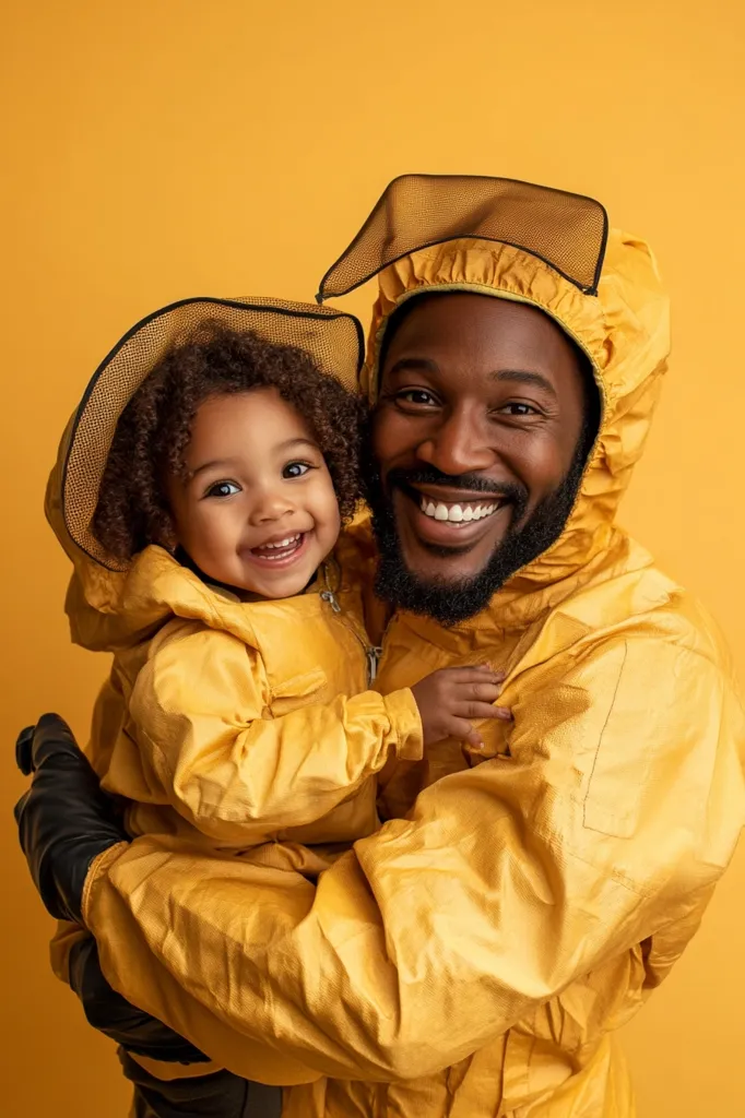 A joyful Black father and his toddler daughter cuddle closely, both wearing matching mustard-yellow protective suits and hats.  The father beams at the camera, his daughter mirroring his happiness with a wide, toothy grin. The vibrant yellow contrasts against the solid background, creating a cheerful and memorable image of familial love and connection.