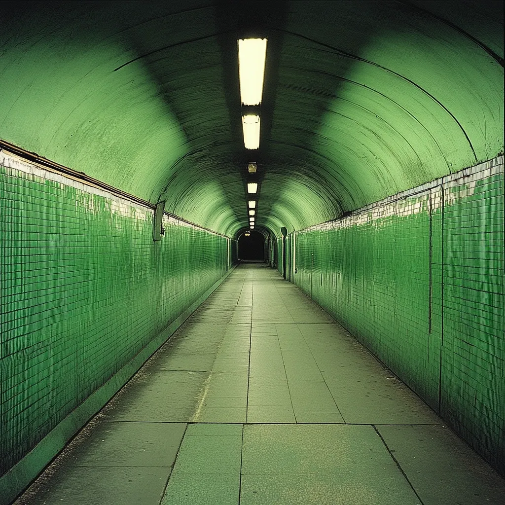 A long, dimly lit pedestrian tunnel stretches into the distance, its walls clad in vibrant green tiles.  Fluorescent lights line the arched ceiling, casting a greenish glow on the pathway ahead.  The tunnel's aged appearance suggests a history of use, its walls showing signs of wear and time. The overall atmosphere is one of quiet solitude and muted green hues.