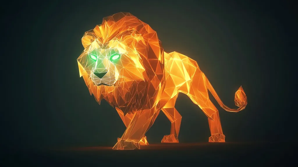 A majestic lion, rendered in a striking low-poly style, glows with an amber light against a dark background.  Its vibrant green eyes stand out, adding a mystical element to the design.  The polygonal structure creates a sense of energy and movement, capturing the power and grace of the king of beasts in a unique digital artwork.