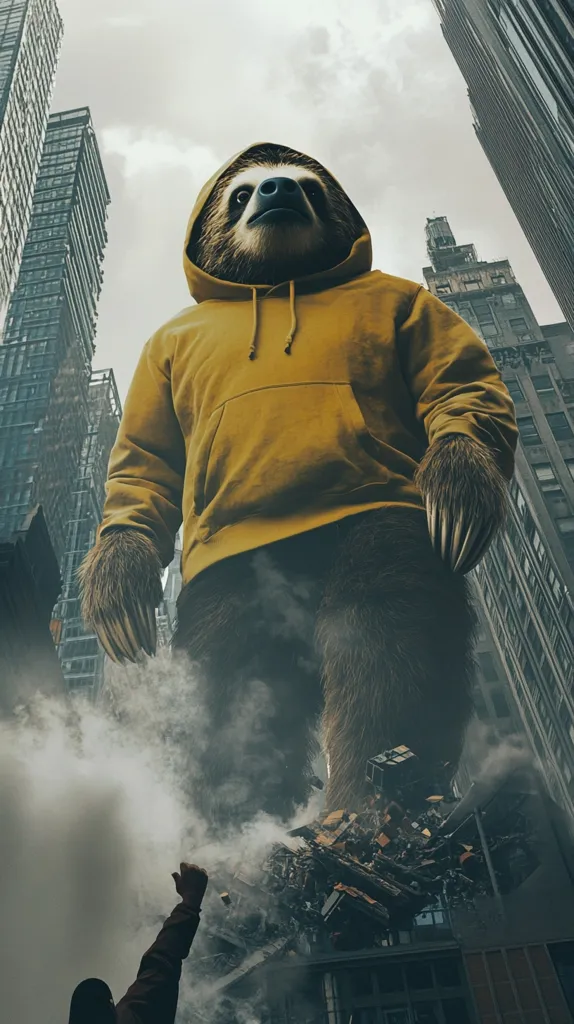 A colossal sloth, wearing a mustard-yellow hoodie, looms over a city scene.  Smoke billows from a destroyed area at its feet.  The giant sloth's imposing size dwarfs the skyscrapers and a small figure is seen looking up, creating a surreal and dramatic contrast. The image is a digitally manipulated artwork blending fantasy with urban reality.