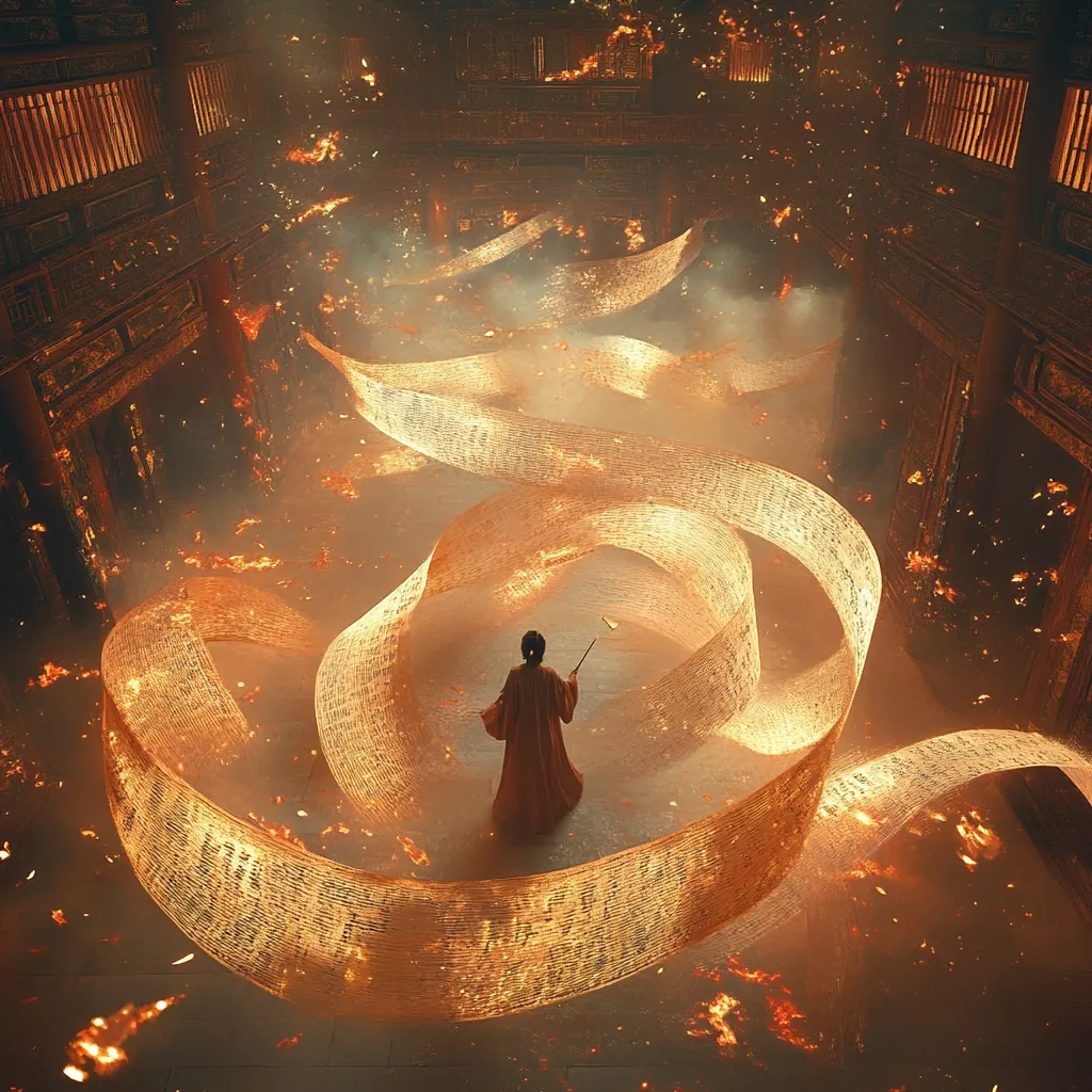 A lone figure, clad in flowing red robes, stands amidst a swirling vortex of luminous, script-covered scrolls within a burning ancient Chinese building.  Embers and sparks dance around them, creating a dramatic, ethereal atmosphere. The scrolls seem to emanate from the figure, who holds a small object aloft, suggesting control over this fiery spectacle.  The scene blends fantasy and historical architecture.