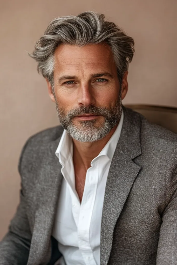 A portrait of a mature man with salt and pepper hair styled in a textured, wavy cut. He sports a well-groomed gray beard and mustache.  He's dressed in a stylish gray blazer over a crisp white shirt, presenting a sophisticated and confident appearance.  The background is a muted beige, focusing attention on the subject.