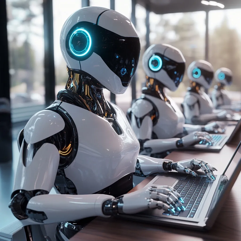 A row of sleek, white humanoid robots sits at a table, each operating a laptop.  Their heads feature black visors and glowing blue circular accents.  The robots' design is futuristic and polished, emphasizing their advanced technological capabilities. They appear to be working collaboratively in a modern, minimalist office setting. The image suggests automation and the integration of robotics into the workplace.