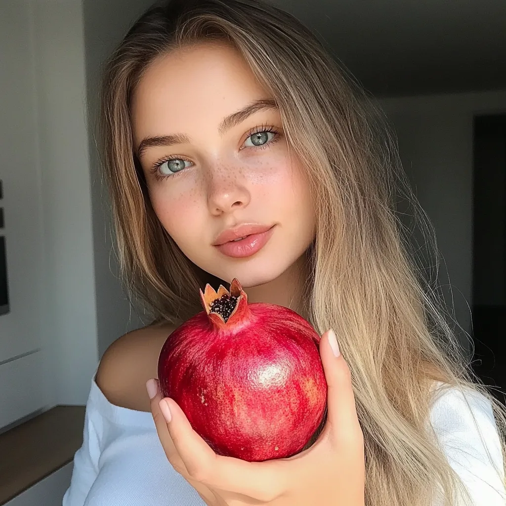 A young woman with light brown hair and striking blue-green eyes looks at the camera. Freckles dust her nose and cheeks, adding to her youthful appearance. She holds a bright red pomegranate in her hand, its leafy crown pointing upwards. Her lips are full and lightly glossed. She wears a simple white top, suggesting a casual setting. The background is softly blurred, highlighting her and the fruit as the main subjects. The lighting is soft and natural, creating an appealing and inviting image.