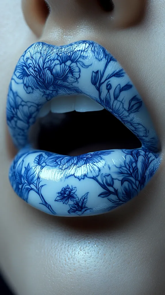 Close-up of a woman's lips adorned with a stunning blue and white floral design, reminiscent of porcelain. The intricate detailing of the flowers and leaves creates a striking contrast against the pale skin, resulting in a visually captivating and artistic image.  The glossy finish enhances the overall effect.