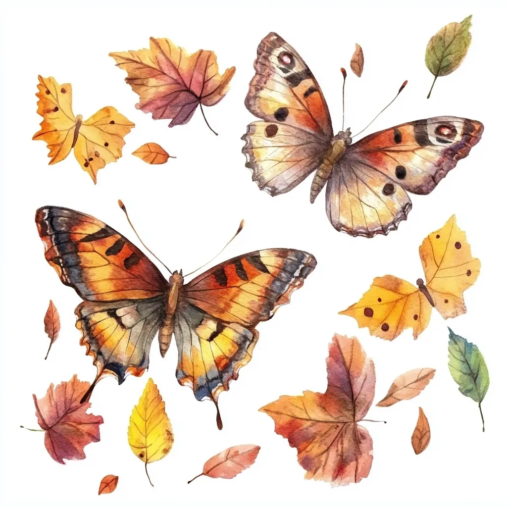 A watercolor illustration showcases two large butterflies with orange and brown wings, amidst a flurry of falling autumn leaves.  Smaller butterflies and leaves of varying shades of yellow, orange, and brown add to the autumnal theme. The butterflies are beautifully detailed, their wings delicately rendered. The overall effect is one of serene autumnal beauty.