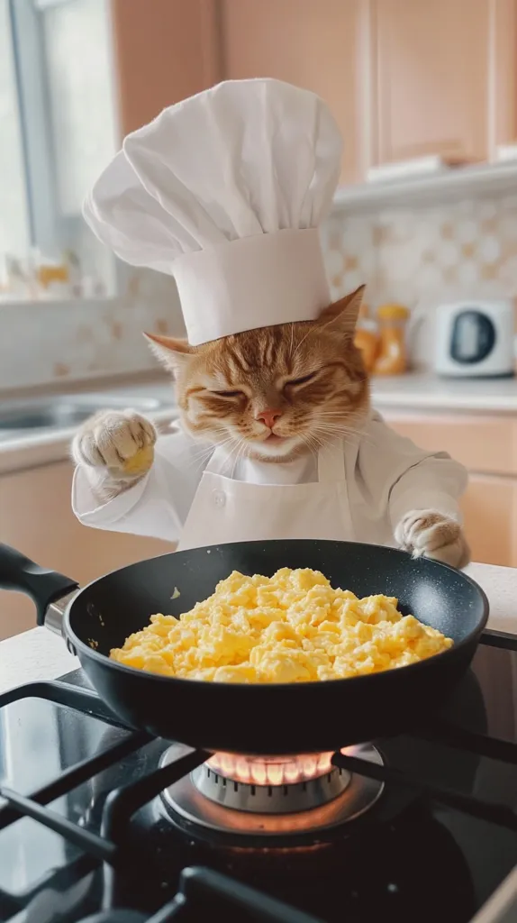 An orange tabby cat, wearing a chef's hat and apron, meticulously cooks scrambled eggs in a black frying pan on a gas stove.  The cat's focused expression and careful handling of a small piece of egg suggest culinary expertise. The kitchen setting is clean and bright, enhancing the humorous contrast between the feline chef and the task at hand.