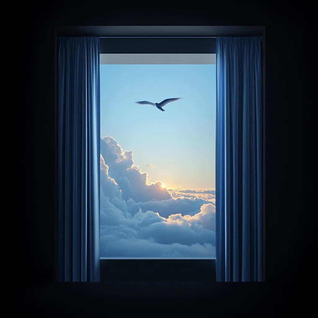 A window with partially drawn blue curtains reveals a breathtaking view of a sunset over a sea of clouds.  A solitary bird glides across the sky, silhouetted against the vibrant colors of the setting sun.  The scene evokes a sense of freedom, tranquility, and the vastness of the world beyond.  The contrast between the dark room and the bright, expansive view is striking.