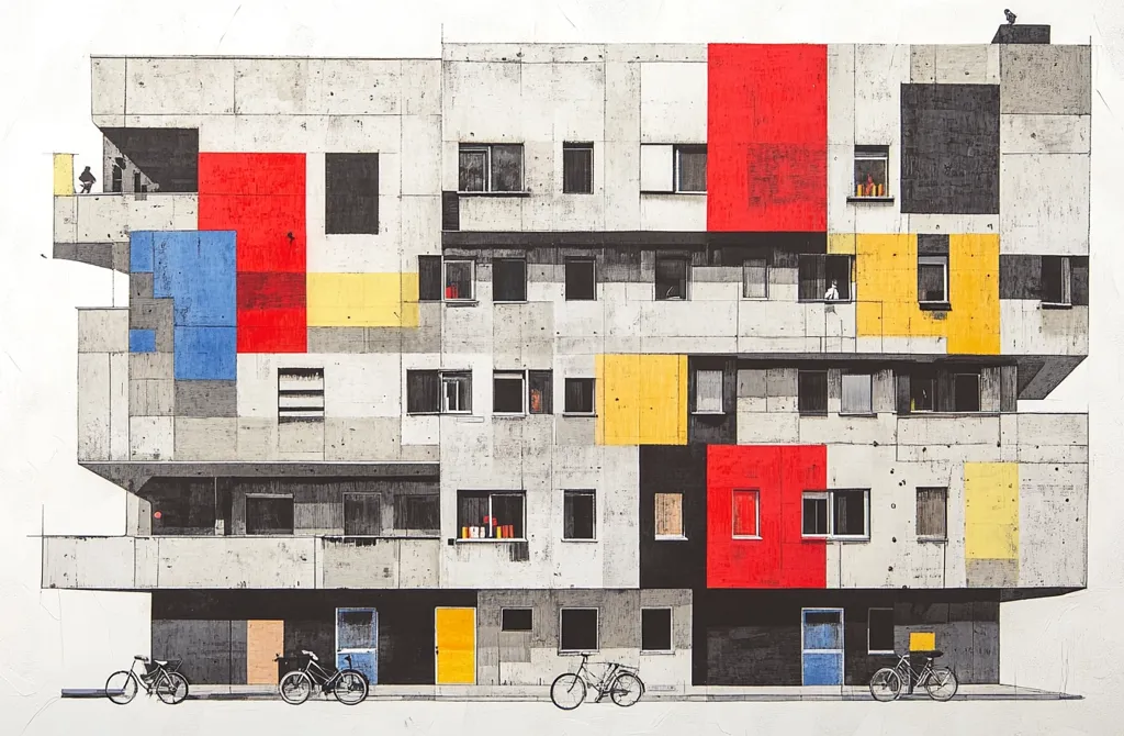 A multi-story concrete building is depicted, its façade a striking arrangement of red, yellow, and blue geometric blocks contrasting against the neutral gray.  Windows peek from behind the colored panels, offering glimpses into the apartments within.  Bicycles are parked along the ground floor, adding a touch of everyday life to the architectural composition. The overall style is minimalist and graphic.
